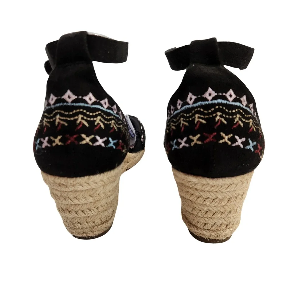 Dream Pairs Womens Black Embroidered Wedge Ankle StrapEspadrille Sandals Size 10